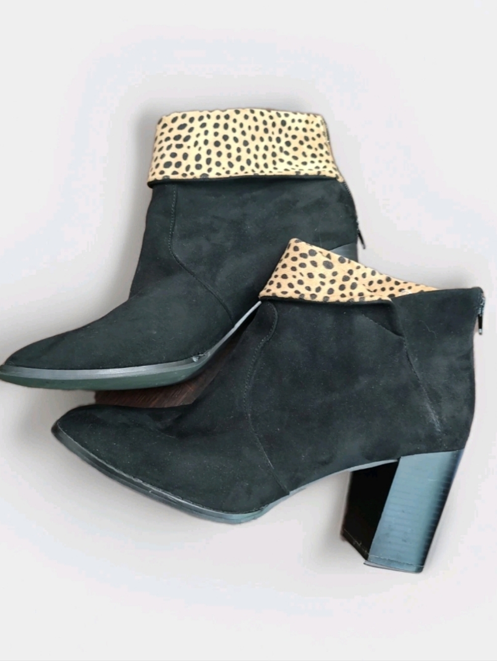 Women's Leopard Accent Black Suede Ankle Booties Size 11M High 4" Heels Brand O?